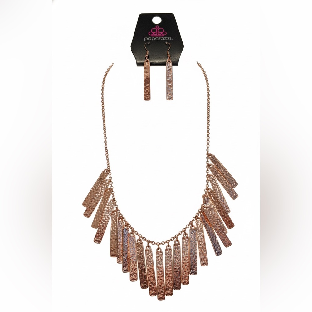 Hammered Bar Bib Necklace and Earrings- Rose Gold Tone